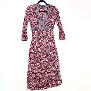 Boden Midi Dress Womens  6 US / UK 10L Red Floral Flare 3/4 Sleeve Belted